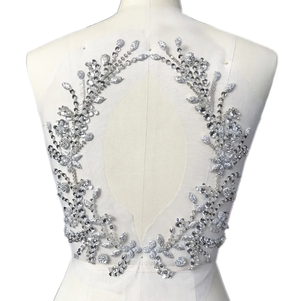 Custom HandMade Sew on Clothing Rhinestones Back Bodice Design Silver AB Appliques For Wedding Patches Beaded Dress Decorations