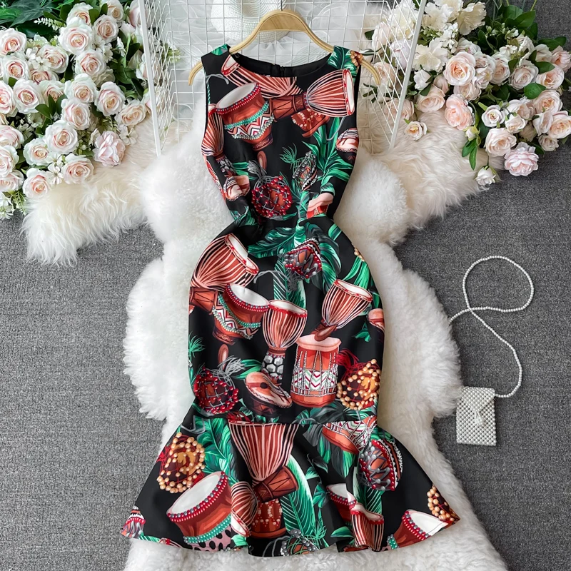 Brand Designer Runway Trumpet Mermaid Dress Women Summer New Printing Elegant Sleeveless Tank Party Dresses