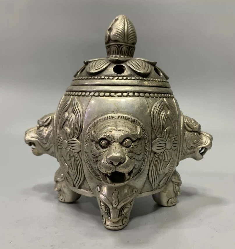 

China White copper tiger head Incense burner crafts statue