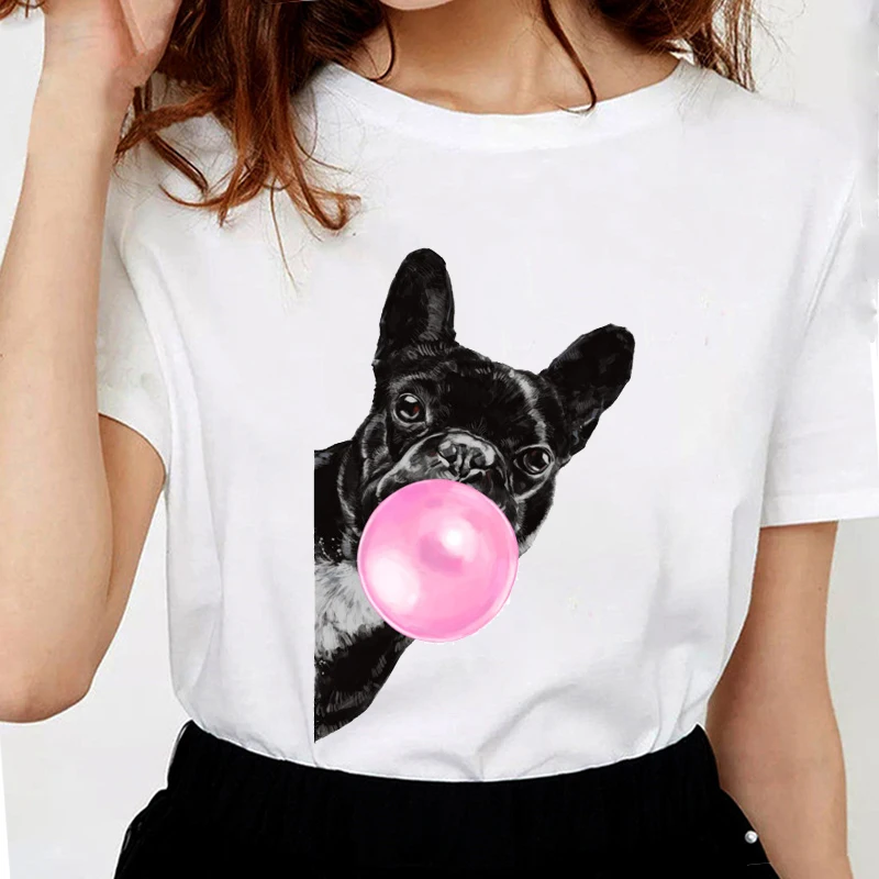 

Harajuku Summer Female T-shirt Bubble Gum French Bulldog Print Aesthetic Clothes Graphic tee tshirt Femme