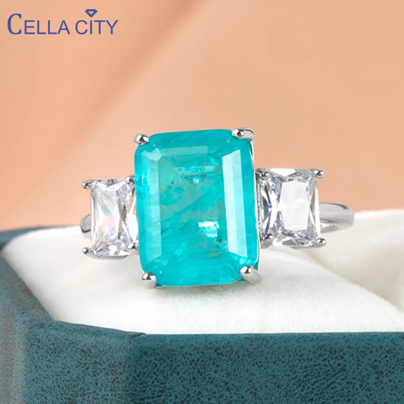 Cellacity luxury  925 sterling silver rings with 10*14mm paraiba rectangle gemstones wedding party wholesale gift size 6-10