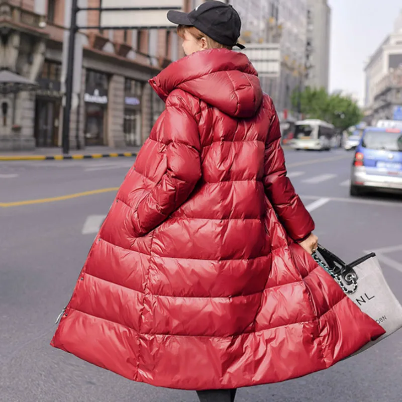 Doudoune longue en duvet de canard blanc pour femme, manteau optique à capuche, parka chaude, vêtements féminins, imperméable, hiver, 90%, 2020