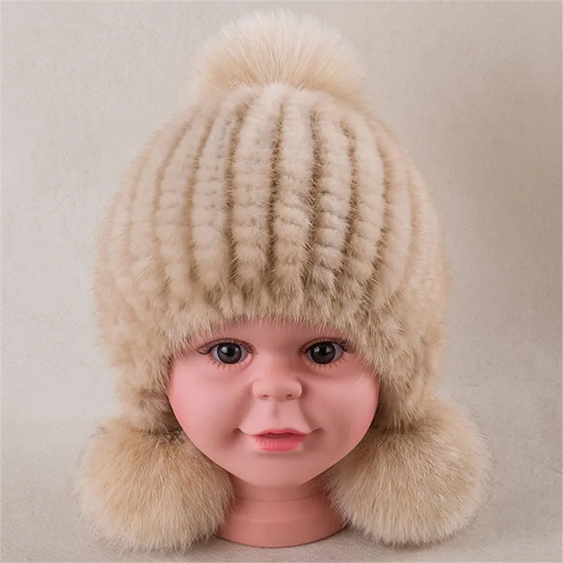 New Arrival Winter Hat for Baby Girl Boy Child Caps of Real Mink Fur Cap with Big Pompom Ball Fashion Warm Knitting Headwear H30