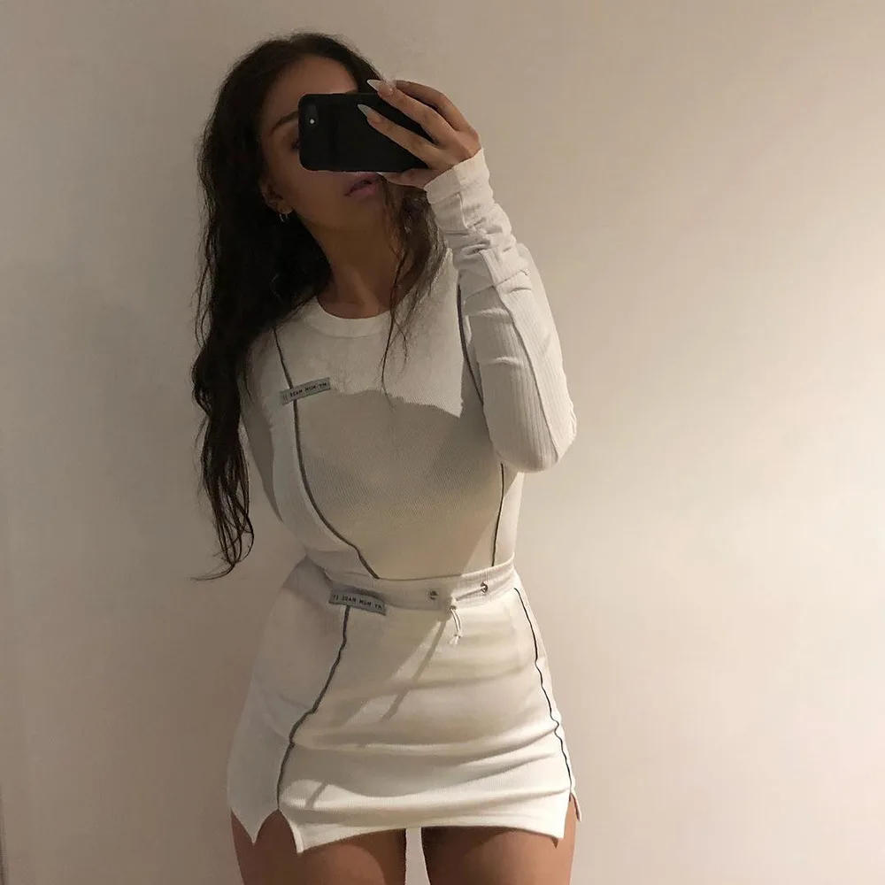 Casual Fashion Reflective Striped Two Piece Outfits Women Long Sleeve Top And Mini Skirt Sets 2020 White Matching Set