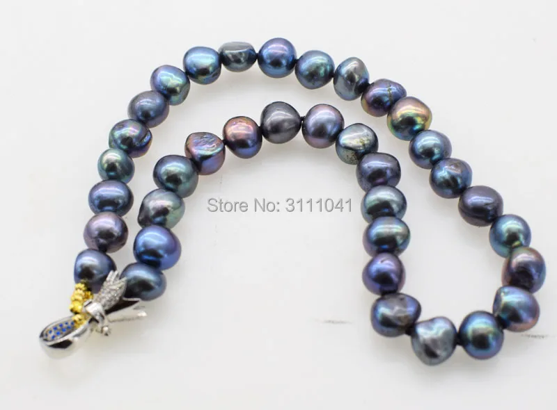 freshwater pearl black baroque 8-12mm   17inch  wholesale nature beads FPPJ blue zircon hook