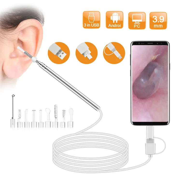 

2MP 3.9mm EarPick Endoscope Camera Ear Wax Removal Otoscope Inspection Earscope Cleaner 3in1 USB Ear Camera