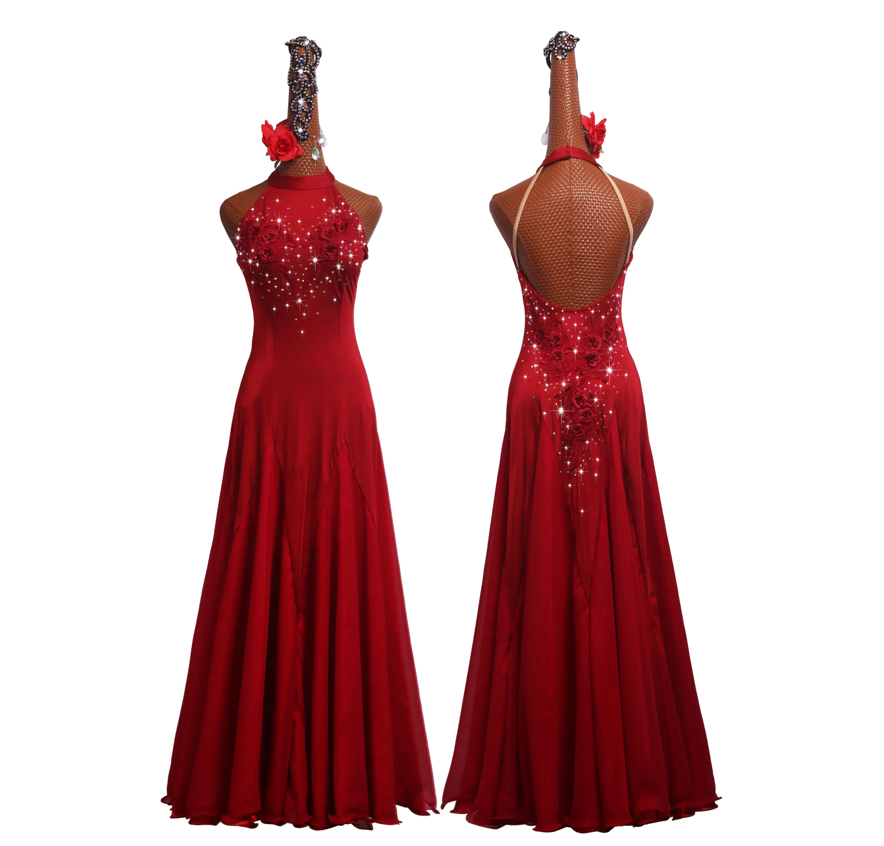 

Ballroom Dance Dress Standard Skirt Competition Dress Costumes Performing Dresses Customize Adult Children Wine Red Embroidered