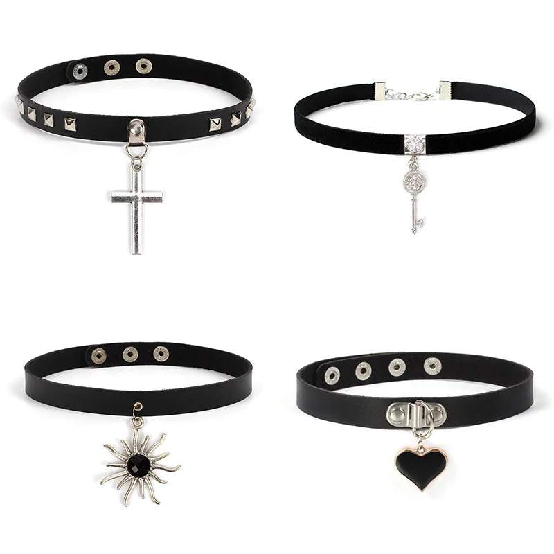 5Styles Spike Choker Gothic PU Leather Cross Sun Key Heart Necklace Rock Punk Chocker Statement Jewelry  Women Collar Necklace