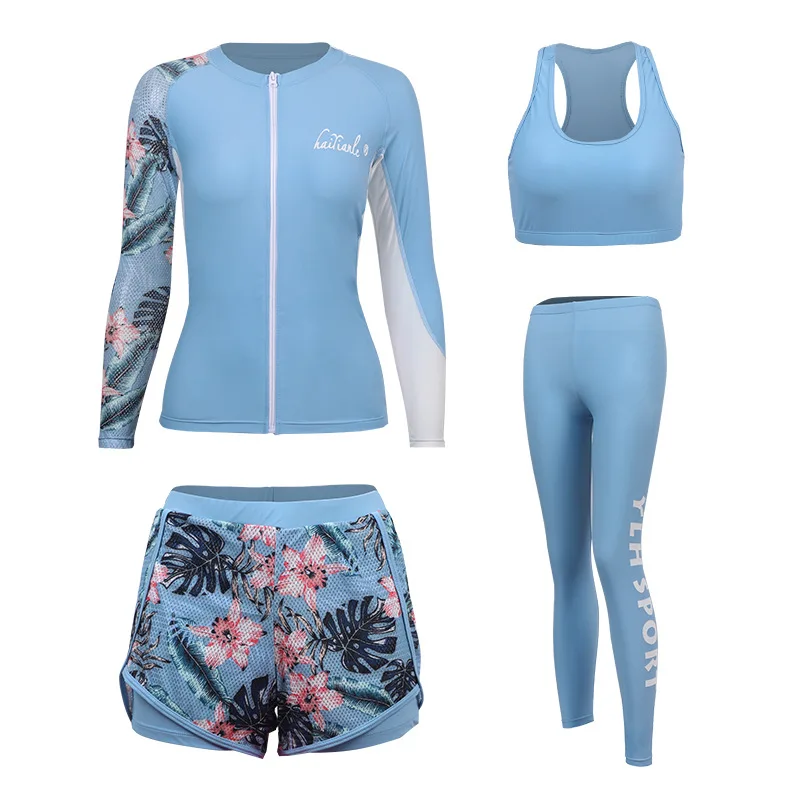 4piece set Women's Sun UV Protection Rashguard Printed Long Sleeve Swim Shirts Pants Full Body Wetsuit Tops Bottoms Swimsuit