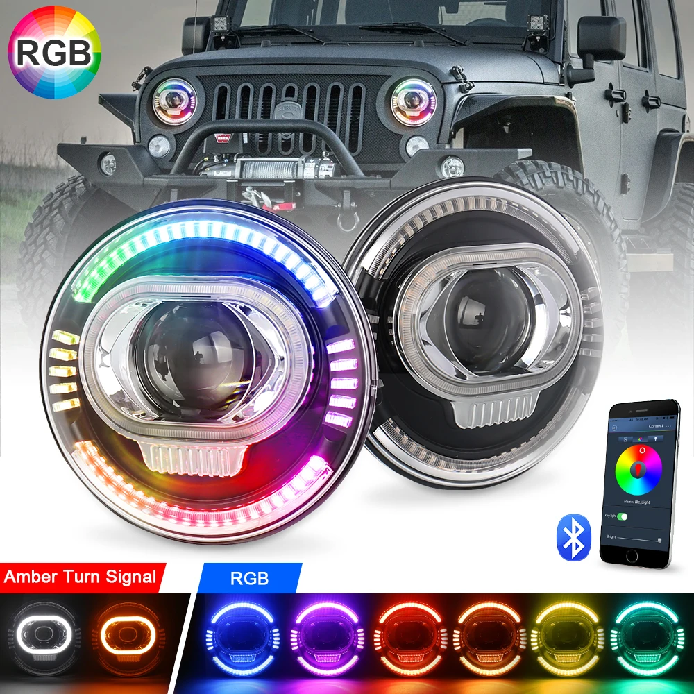 RGB Halo 7'' Round Headlights with Amber Turn Signal Light White DRL 7 Inch Lamps Compatible-Jeep-Wrangler JK TJ LJ 1997-2017