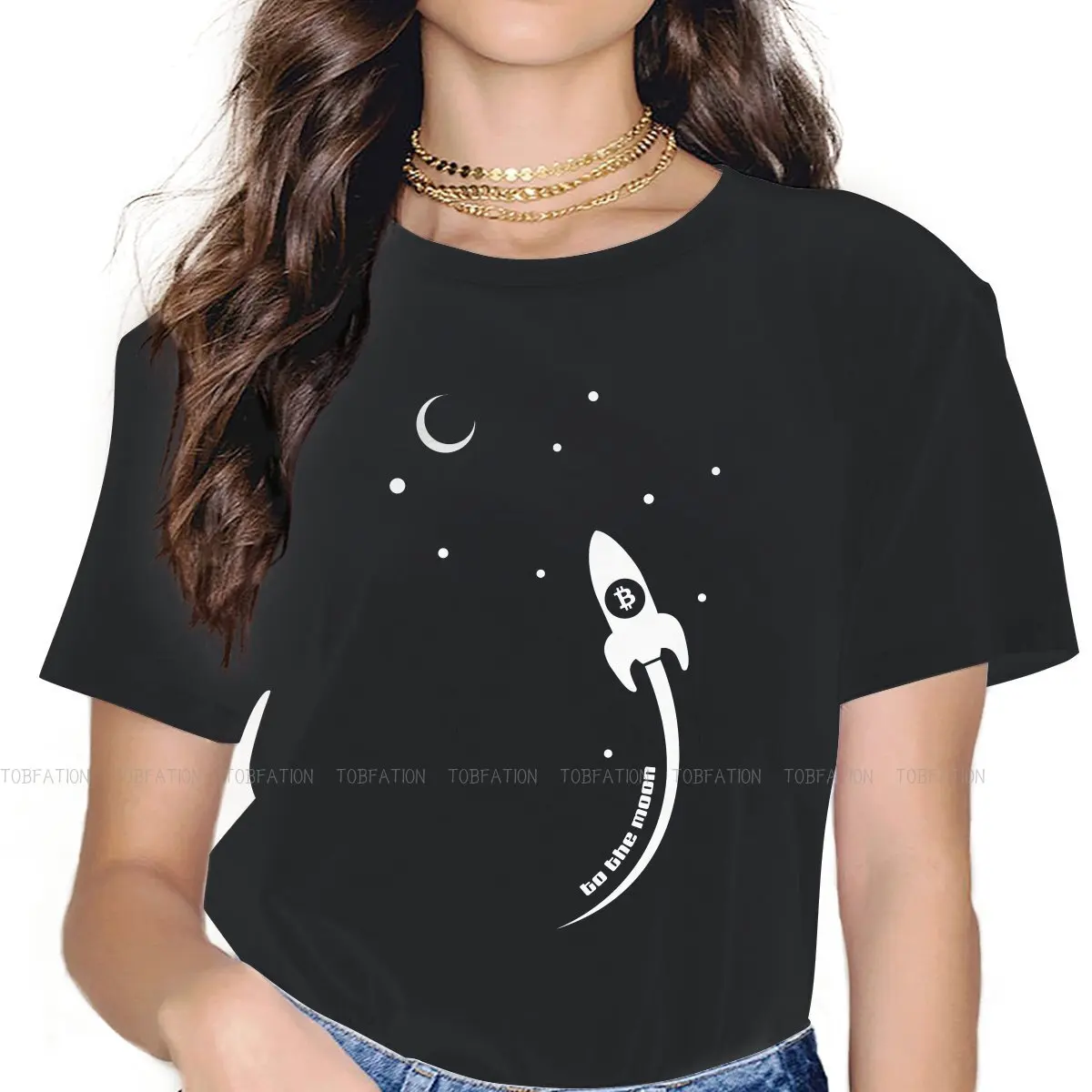 Bitcoin to the Moon with a Rocket Women Tshirts Crypto Miner Gothic Vintage Female Clothing Large Cotton Graphic Short Sleeve