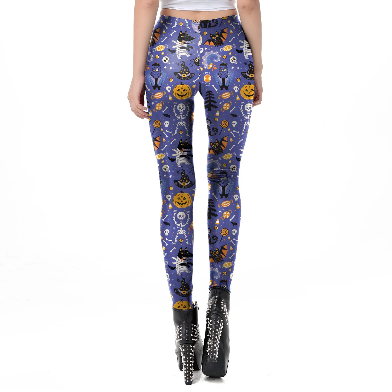 [You are my secret] calça de festival de halloween, calças sensuais de tornozelo azul roxo e pomkin com desenhos animados para mulheres leggins