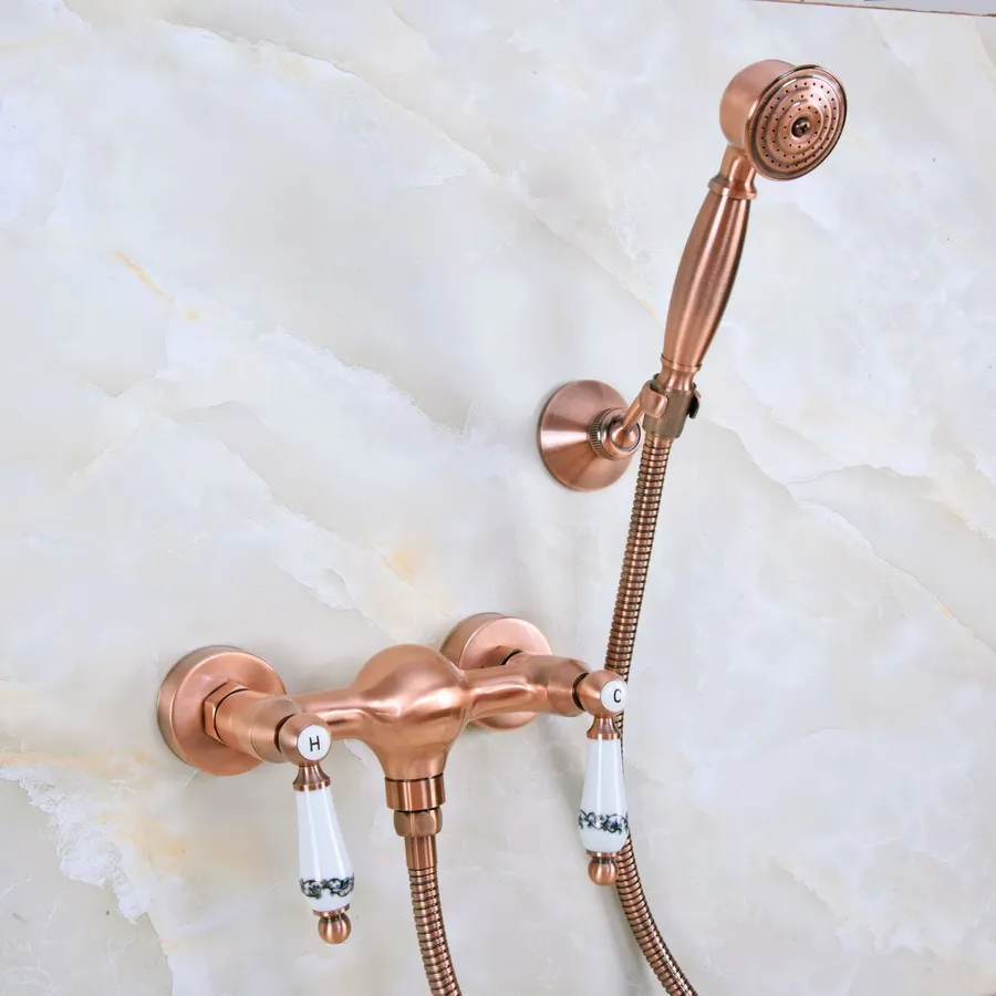 

Antique Red Copper Wall Mounted Bathtub Faucet with Handheld Shower Set +150CM Hose Mixer Tap 2na300