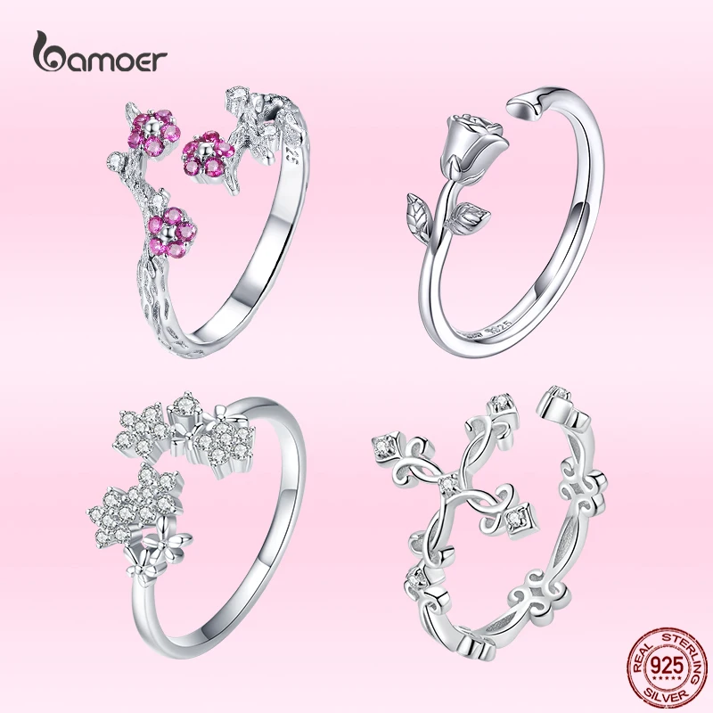 Bamoer 925 Sterling Silver Romantic Rose Opening Rings Leaf Sunflower Plant Rings for Women Wedding Party Fine Jewelry Gift