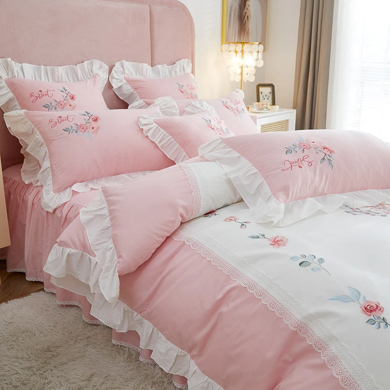 Rose Flowers Embroidery Bedding Set Korean Style Egyptian Cotton Lace Princess Duvet Cover Bedskirt Sheet Pillowcases