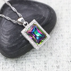 Square 925 Sterling Silver Chain Necklace Mystic Rainbow Zircon White CZ Slide Pendant For Women Wedding/Engagement/Party/Gifts