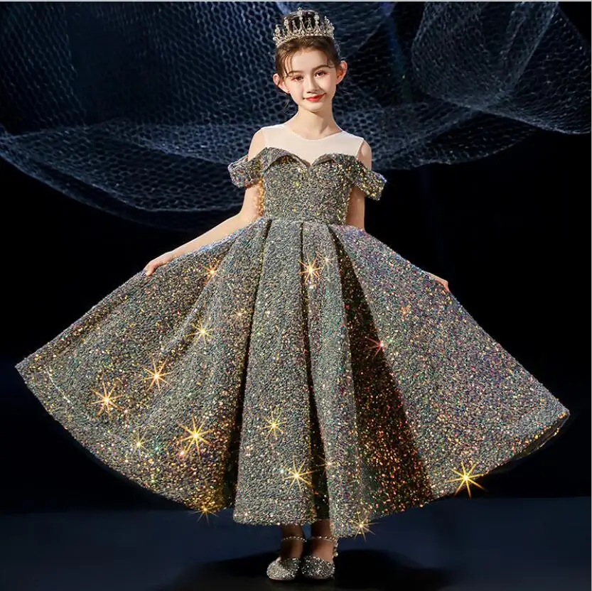 

Elegant Flower Girls Dresses With Gold Lace Sequin Shoulderless Pageant Long Ball Gowns Prom Kid Party Holy Communion Costume