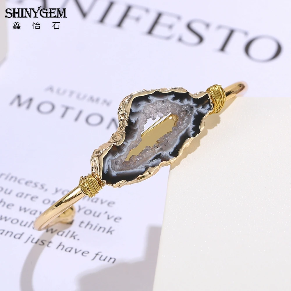 

ShinyGem случайный нерегулярный натуральный агат ломтики соединительный браслет позолота открытая манжета полые браслеты с жеодом и кристаллами для женщин