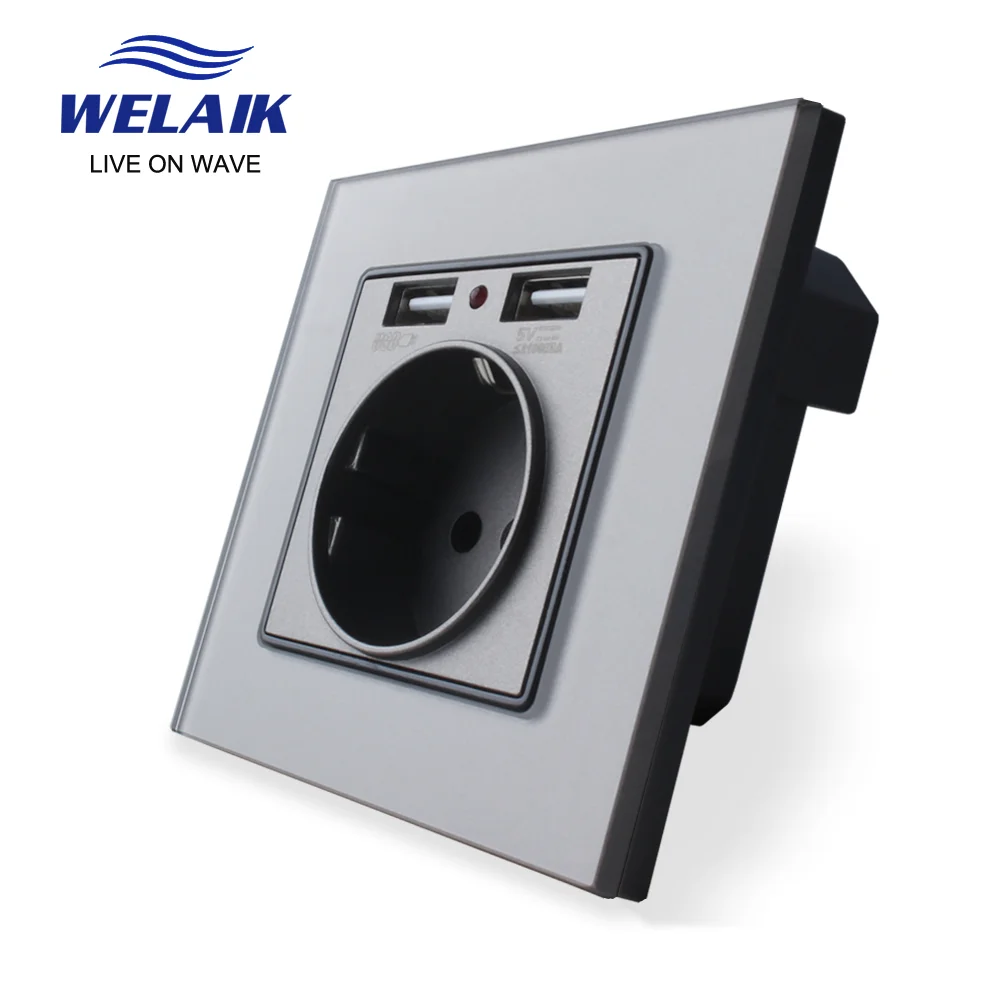 WELAIK Tempering-Glass-Panel EU Wall-Power Socket-and 2USB Power-Socket  UK-Standard B18E2USW