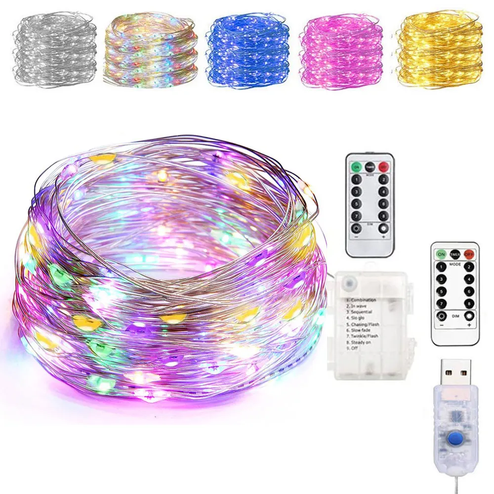 10M 5M 50 100LEDS Waterproof 8Modes USB Battery Powered Copper Wire LED String Fairy Light With 13Key Remote For Xmas Party