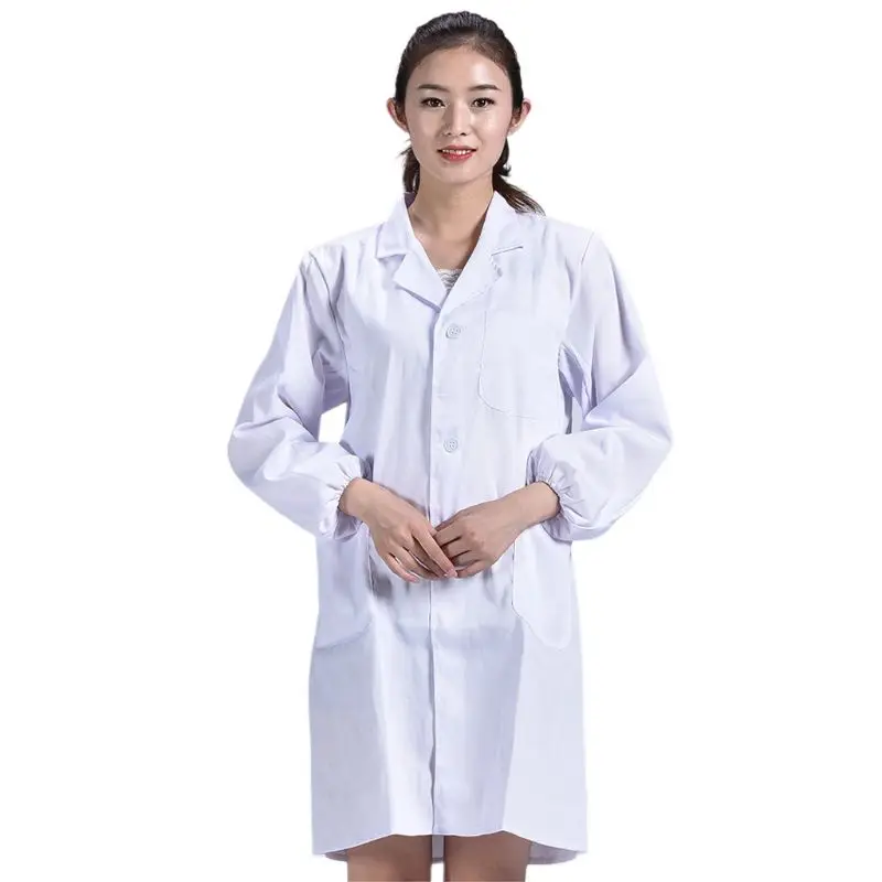 Bata de laboratorio blanca de manga larga para hombre y mujer, Túnica con cuello de solapa con muescas, botones, uniforme médico y enfermero