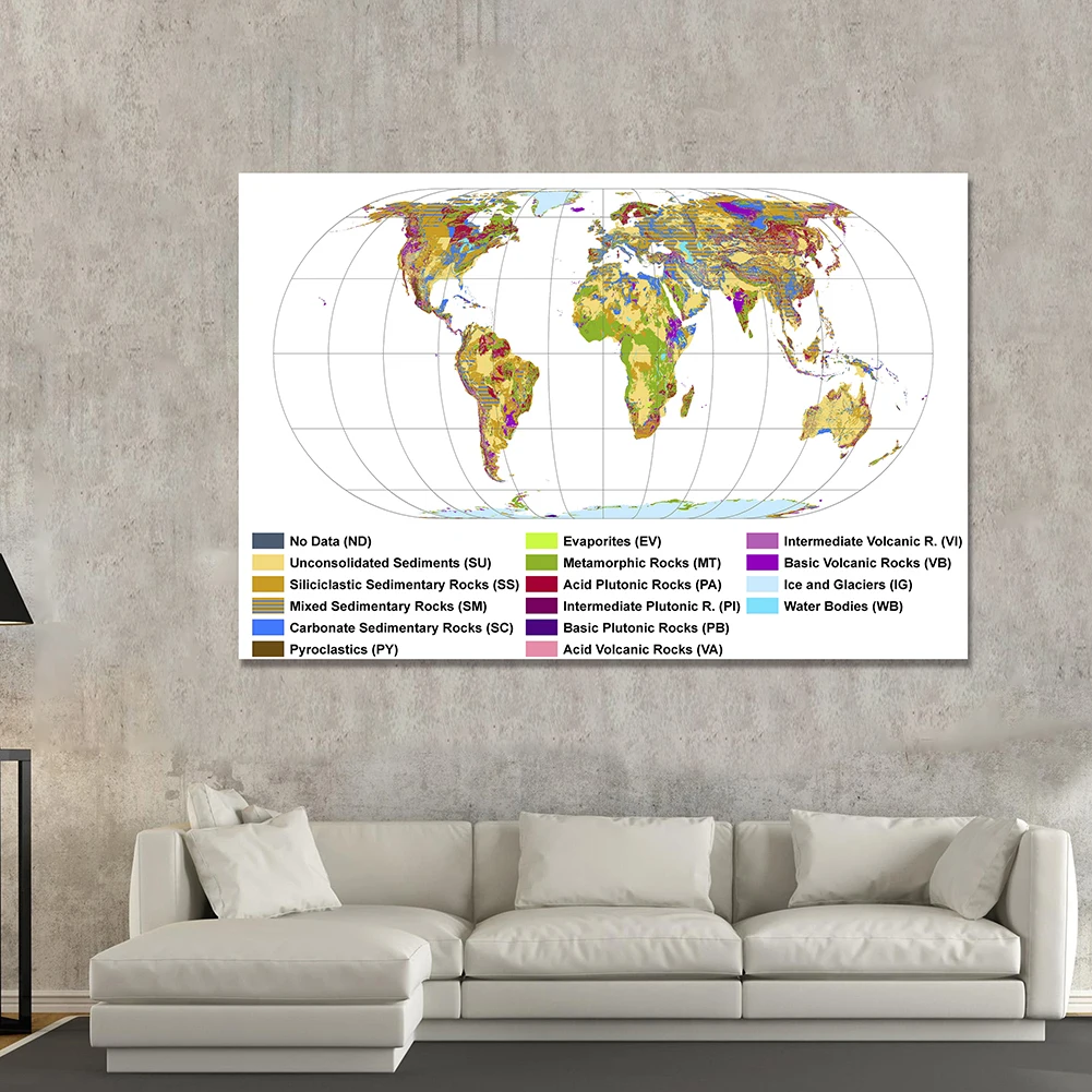 Mapa Geológico del mundo para decoración del hogar, lienzo no tejido de 225x150 cm, póster grande, suministros educativos de estudio