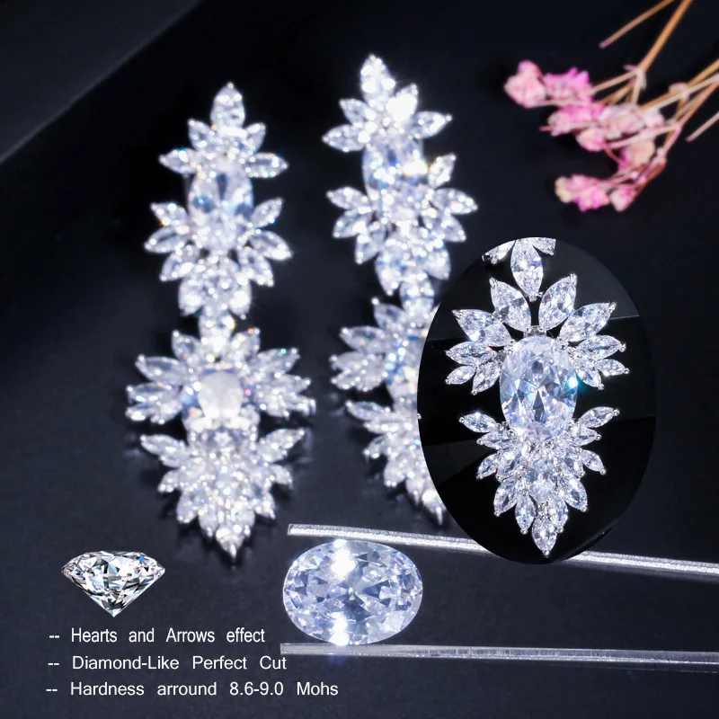 CWWZircons Luxurious Clear Cubic Zircon Stone Setting Long Wedding Drop Dangle Earrings with Marquise Shape Zirconia CZ322