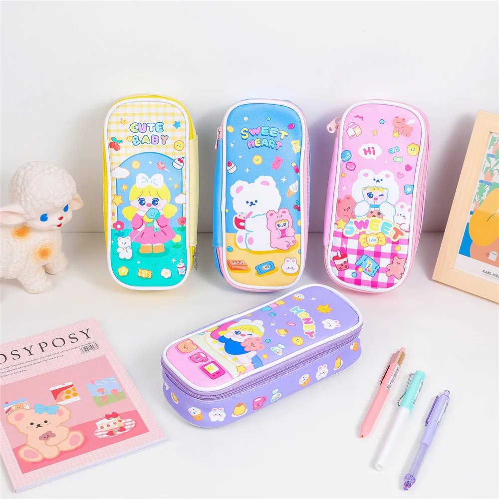 Kawaii Pencil Case for Girls School Pencilcase Large Capacity Pen Box Big Stationery Penal Bag Cute Bear Cartridge Kit Supplies