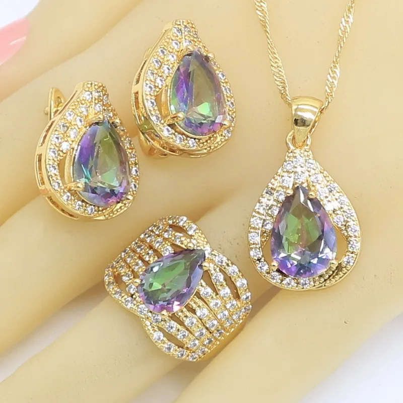 Rainbow Semi-precious  Gold Color Jewelry Sets for Women Water Drop Hoop Earrings Necklace Pendant Rings Free Gift Box