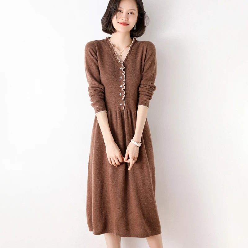 Autumn And Winter New Women's Wooden Ears 100% Pure Wool Dress V-Neck Fashion Lazy Self-Cultivation Knit Bottoming Long Sweater