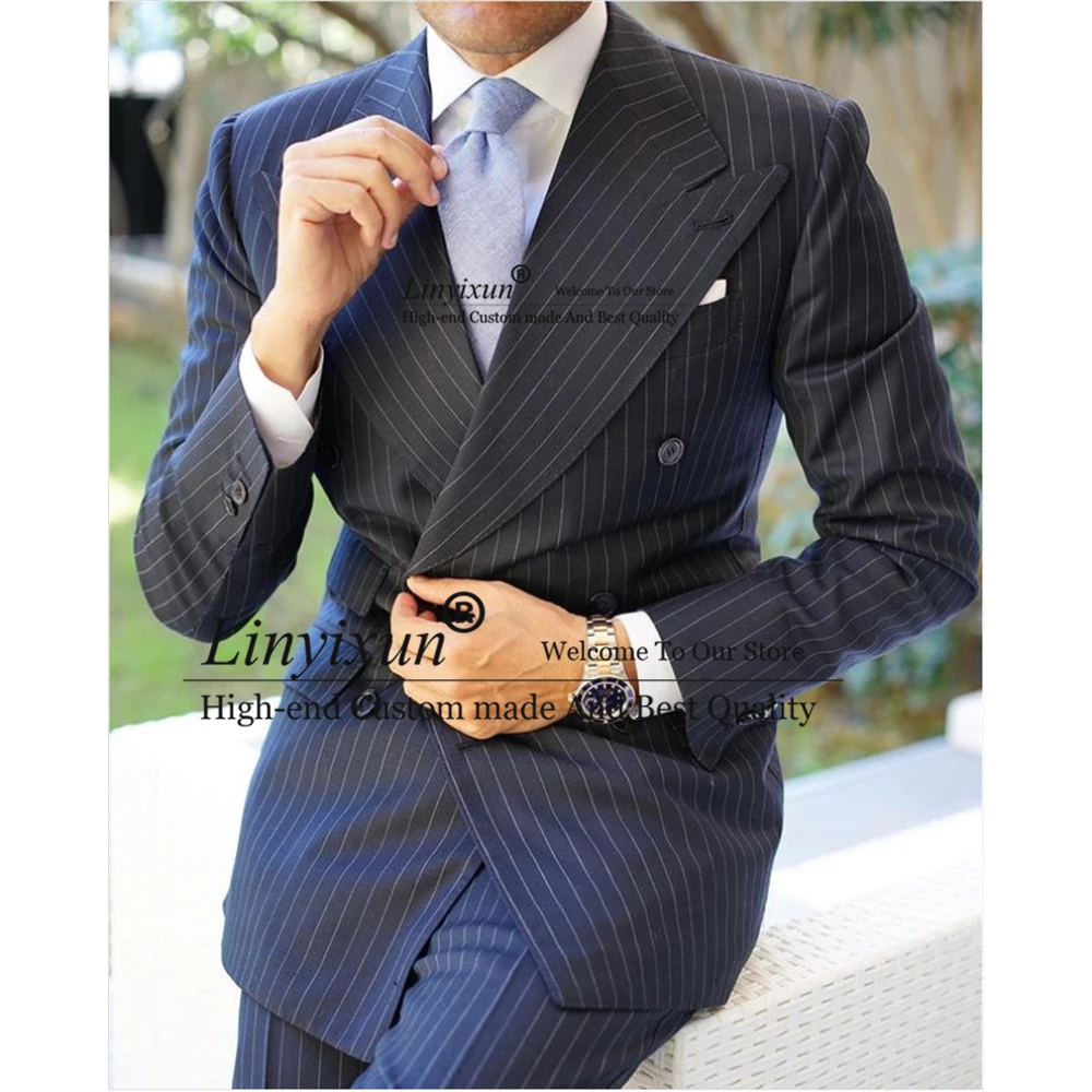 

Fashion Black Stripe Mens Suits Double Breasted Business Blazer Slim Wedding Groom Tuxedo 2 Piece Set Jacket Pants Costume Homme