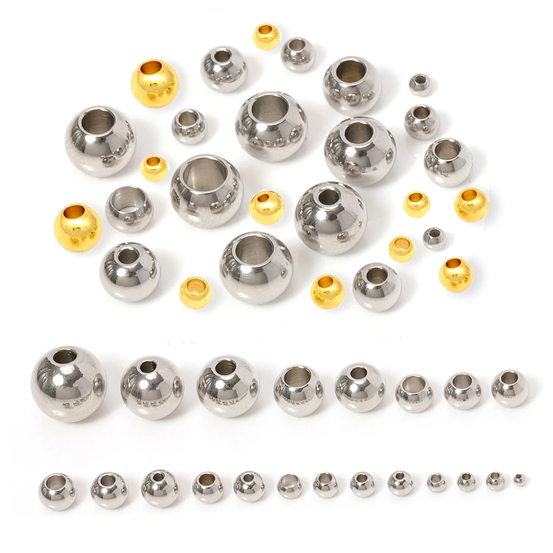 100pcs/lot Gold Plated Stainless Steel Beads 2-12mm Big Hole European Ball Spacer Loose Beads for Jewelry Making Diy Findings