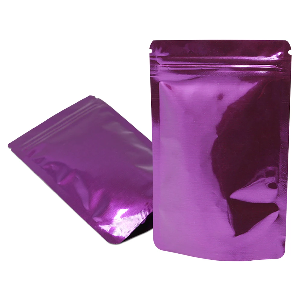 100Pcs/Lot Self Grip Seal Reusable Tear Notch Doypack Food Storage Pack Pouches Glossy Purple Mylar Foil Zip Lock Stand Up Bag