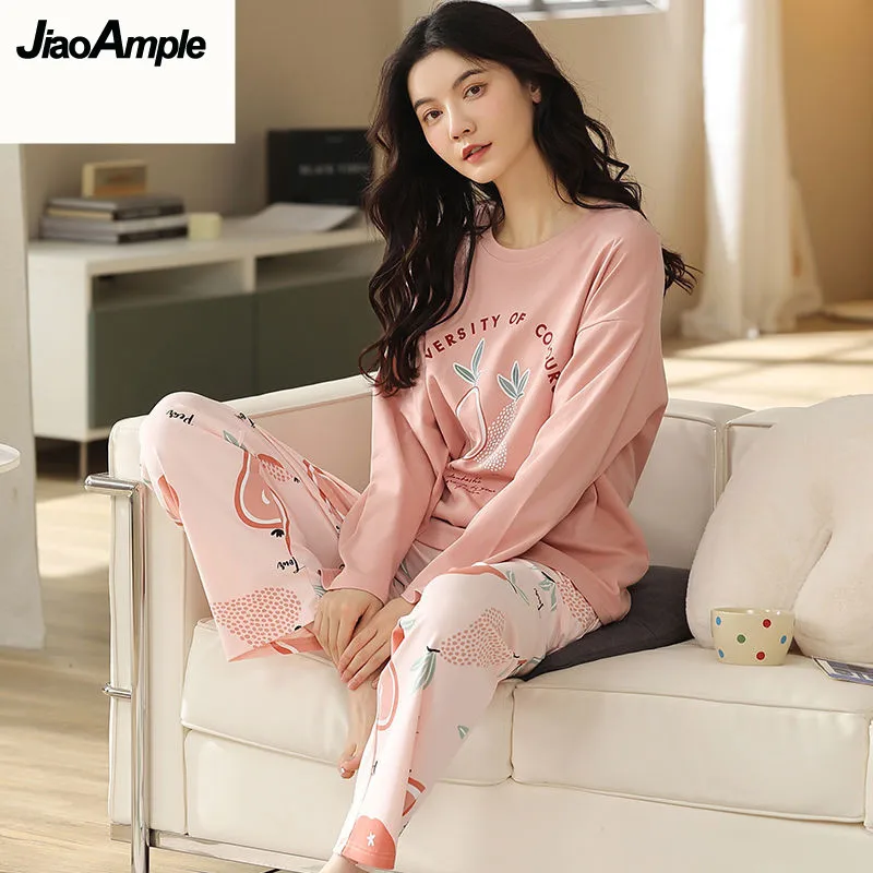 

100% Cotton Pajamas Women Pijamas Set 2022 Spring Autumn New Cute Cartoon Casual Simple Home Clothes Female Sleepwear Nightie