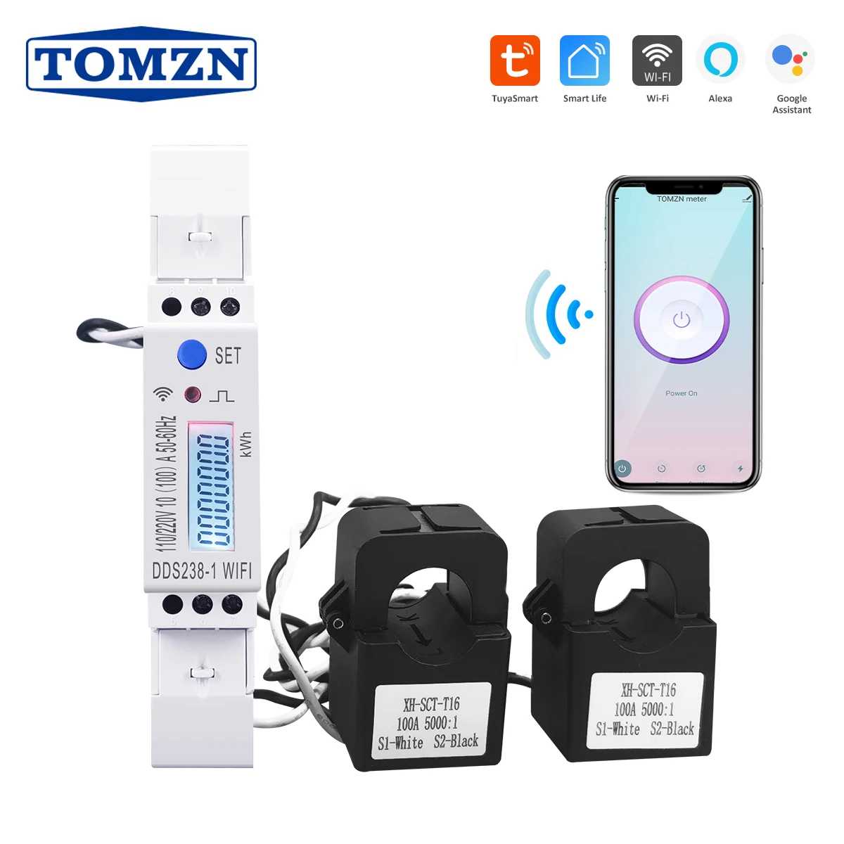 TOMZN 100A Szyna DIN 18mm Tuya 2-fazowy 3-przewodowy Inteligentny Licznik Energii WIFI Monitor Zużycia Energii Miernik kWh Watomierz 110V+110V