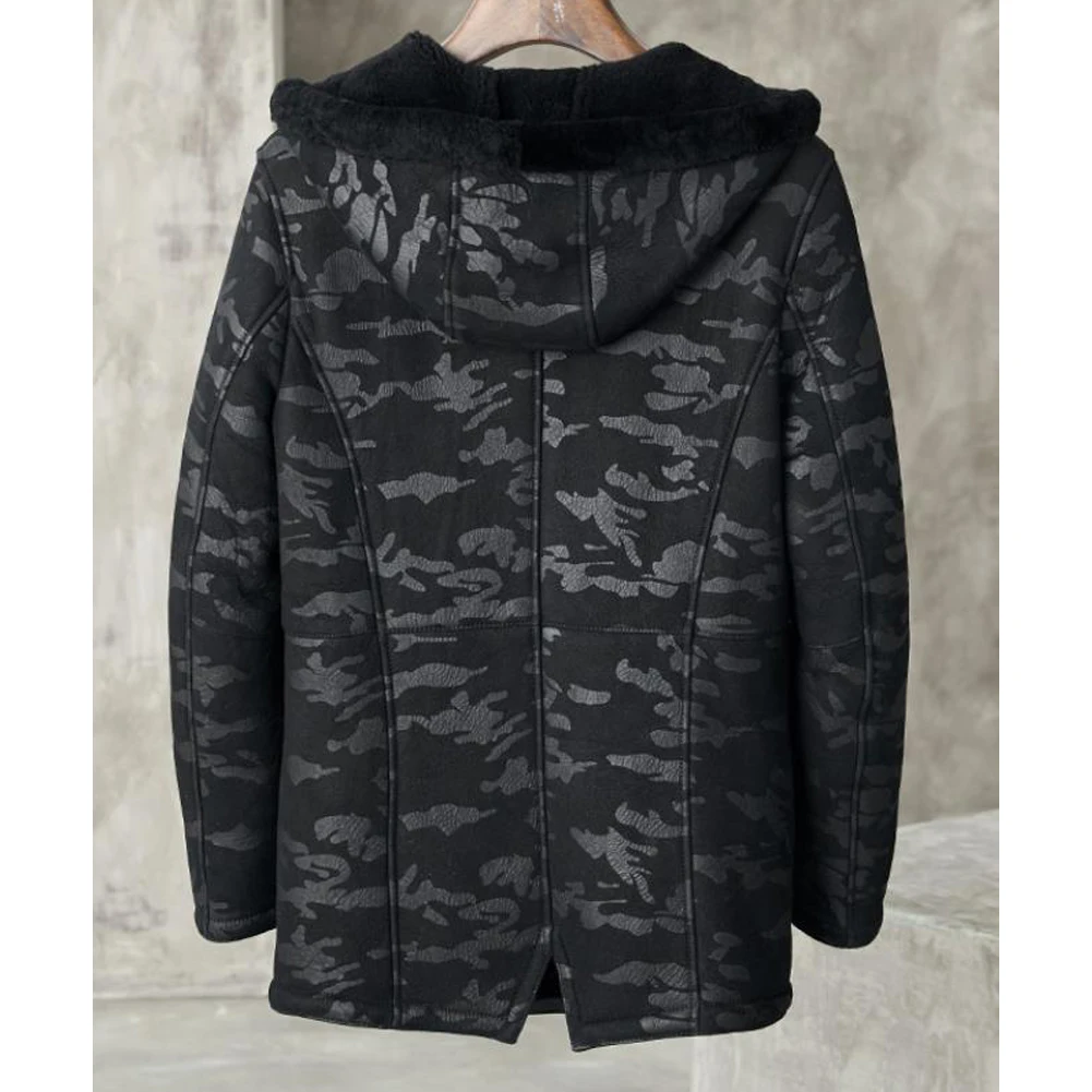 Mens Hooded Shearling Coat Men Aviator Jacket Black Camouflage Pilot Jacket Mens Fur Coat