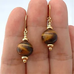 12MM Quality Brown Tiger Eye Gemstone Gold Earrings 18k Hook chain Luxury Dangle DIY Fashion Earlobe Mesmerizing Irregular