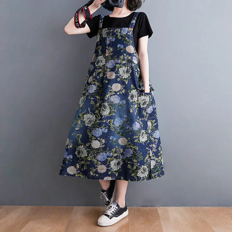 Denim Print Suspender Dress Female Summer 2021 New Retro Large Size Split Dress Trendy Vintage Flower Jeans Sundress Women zh721