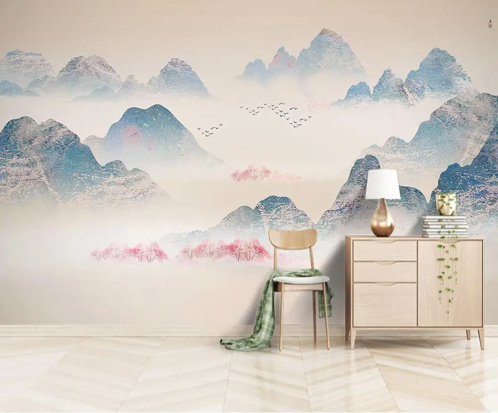 Chinese ink landscape fog forest lake background wall Mural home decoration custom size 3D Wallpaper self-adhesive material image 5