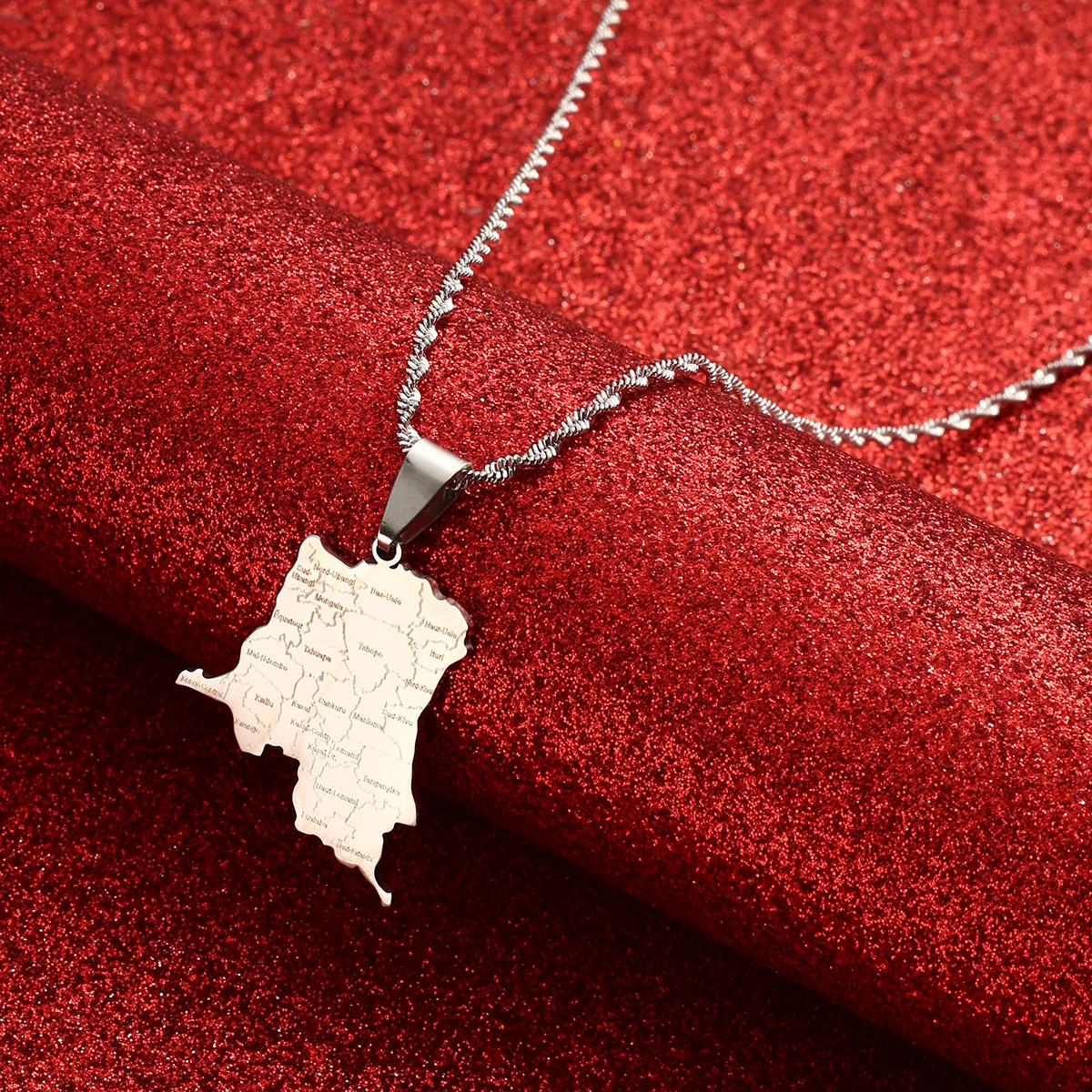 Democratic Republic of the Congo Map Cities Pendant Necklace Chain Neckalces DRC Jewelry