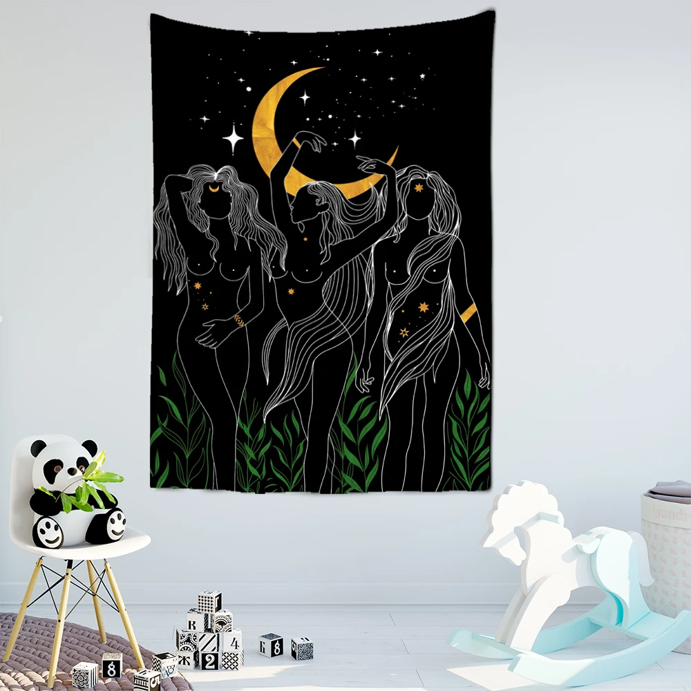 Moon Woman Tapestry Wall Hanging Psychedelic Art Minimalist Lines Ladies Yoga Blanket Bohemian Decor