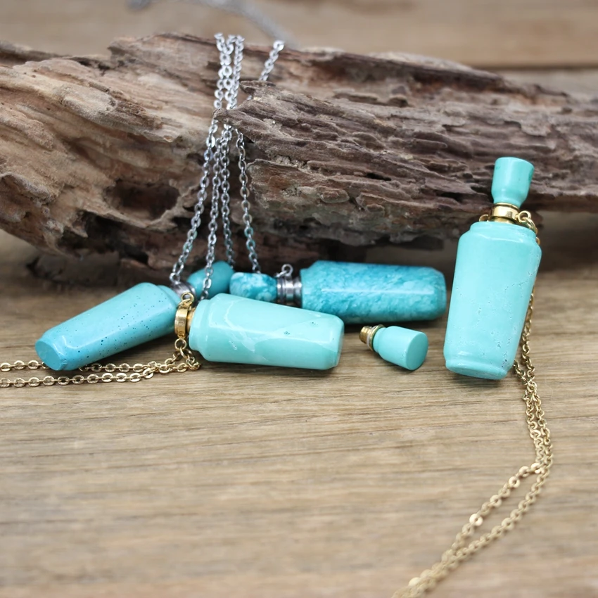 Natural Turquoises Perfume Bottle Pendants Chains Blue Howlite Stone Essential Oil Vial Charms Necklace Fashion Jewelry QC1087