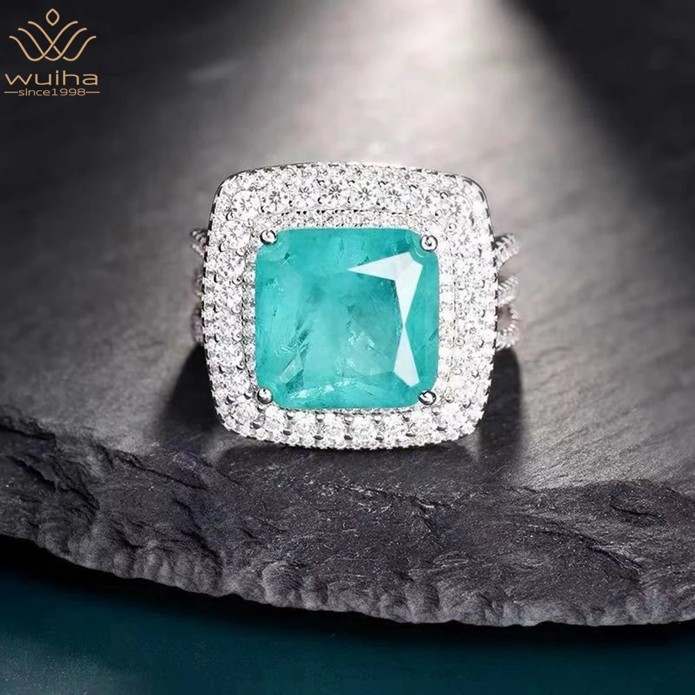 WUIHA Vintage 925 Sterling Silver Princess Cut Paraiba Tourmaline Created Moissanite Wedding Engagement Ring Custom Fine Jewelry