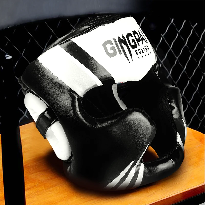 GINGPAI Full Face Boxing Helmet PU Leather Muay Thai Training Sparring Helmet MMA Head Guard Suitable for Men and Women