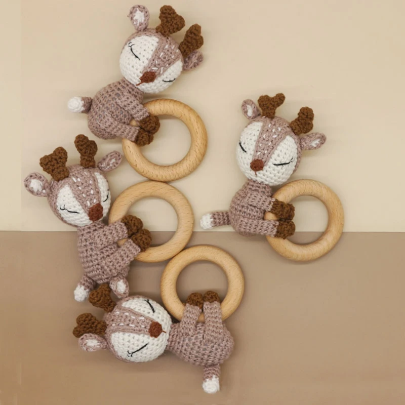 1pc BPA Free DIY Crochet Elk Fox Baby Teether Wooden Teether Ring Rattle Newborn Teething Nursing Soother Molar Educational Toys