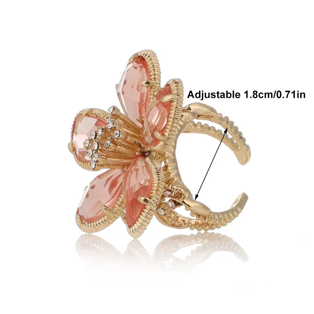 Big Flower Crystal Ring Personality Exaggerated Crystal Flower Open Adjustable Ring for Women Girl Wedding Party Jewelry Gifts