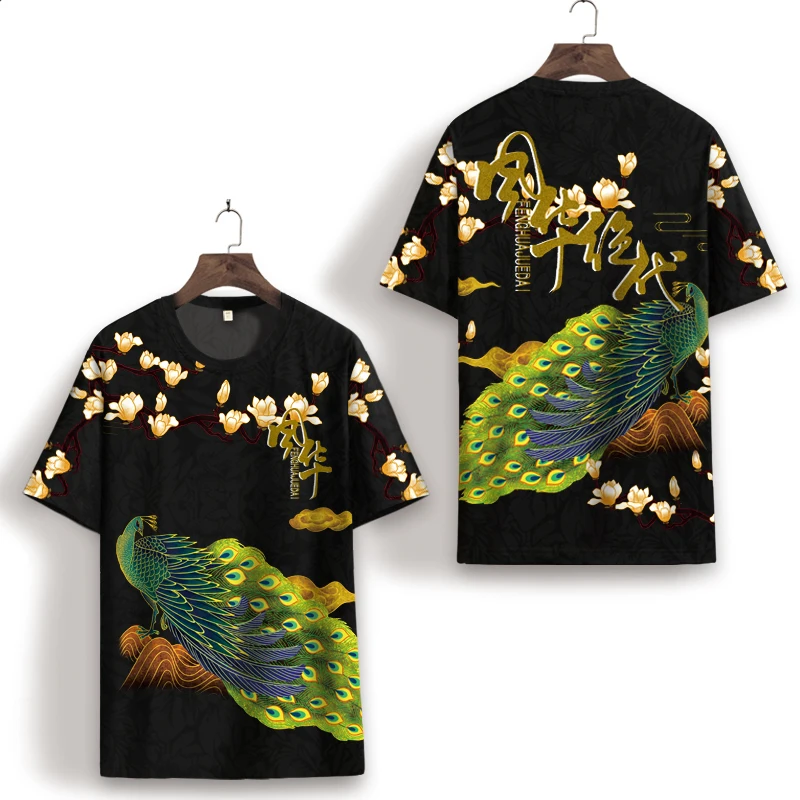 Chinese style peacock pattern printing fashion short sleeve t shirt Summer New quality hollow breathable cool t shirt men XS-7XL