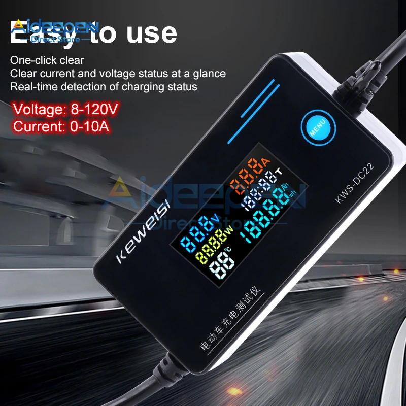 8-120V 0-10A Voltage And Current Charger Detector Electric Vehicle Charging Power Temperature Measuring Instrument Tester