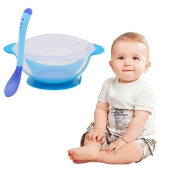 Tigela de alimentação para bebês, com ventosa e sensor de temperatura, colher de treino, tigela de sucção, conjunto de mesa para crianças