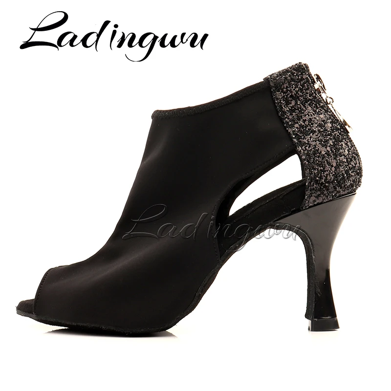 Ladingwu Woman Latin Dance Shoes Boots Ballroom Waltz Samba Modern Dancing Shoes For Girls Black Stretch Fabric And Glitter Danc